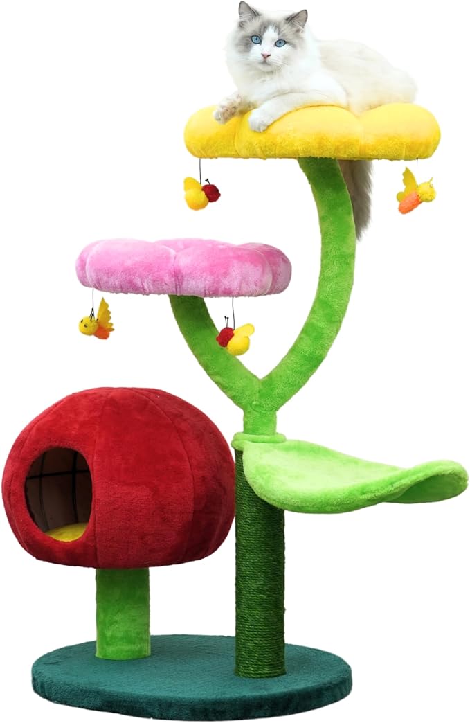 Catry Flower Cat Tree with Hideaway Condo, 3 Perches and Scratching Posts | Aesthetic floral cat condo tower for indoor cats, features durable sisal scratching posts, cozy plush flower beds & perches