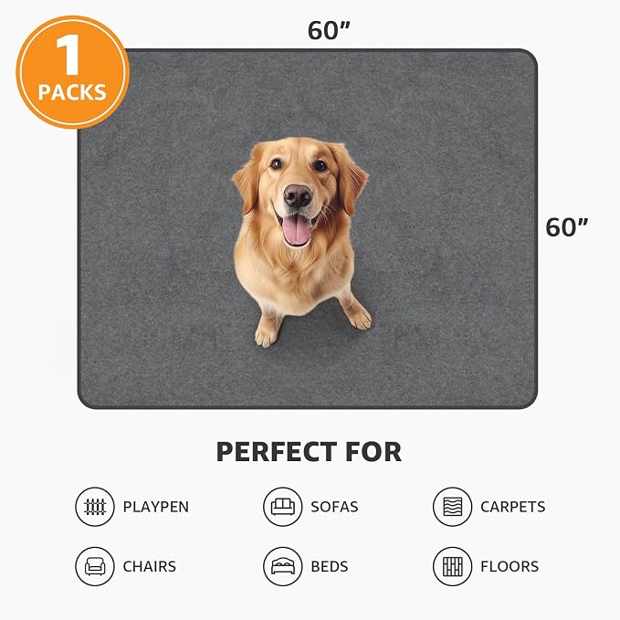 Washable Pee Pads for Dogs, 60x60 Reusable,Waterproof, Whelping Pads | Leakproof, Machine Washable, Absorbent Dog Mats, Non-Slip Puppy Training Pads for Playpen, Floor, Incontinence, Housebreaking