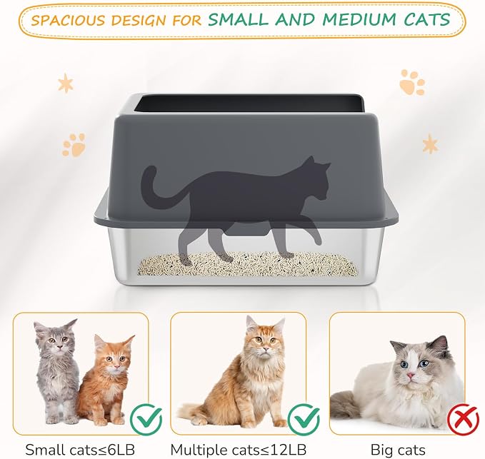 Stainless Steel Cat Litter Box, Covered Metal Litter Tray, Cat Litter Pans with High Sides, Kitty Litter Box for Small and Medium Cats (Non Sticky, Anti-Urine Leakage) 17.5" L x 13.5" W x 6" H