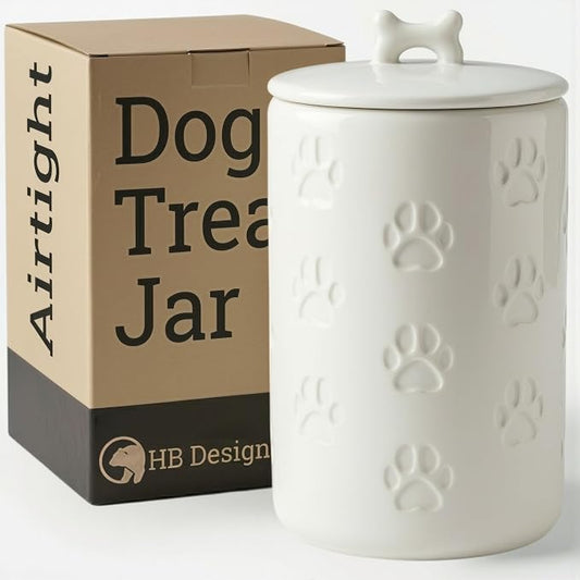 Dog Treat Container Airtight, 5"W x 9"H, Ceramic 7 Cups Big Treats Canister | Sturdy Durable Ceramic, Airtight Ceramic Lid, Fits All Popular Treats, Food Safe, Cute all-over Paw Prints and Bone Handle