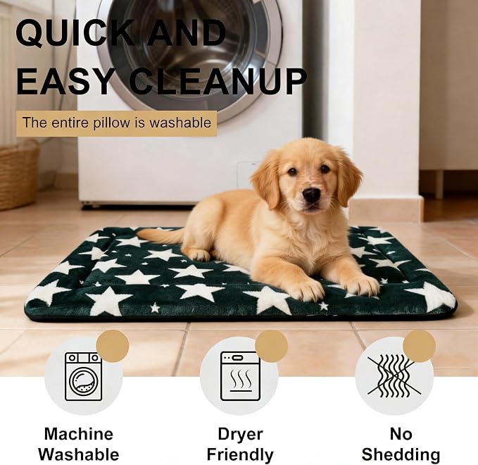 Dog Bed Mat, Reversible Dog Crate Pad with Washable Kennel Mat and Soft Foam, Pet Bed for Dogs & Cats, for Crates Carriers & Travel (Big&Small Stars Green, 24" L*18" W*1.5" Th)