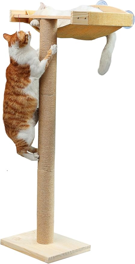 Cat Window Perch with Scratching Post, 46-Inch Tall Climbing Tree & Hammock | Heavy-Duty Suction Cups; Drill-Free; Pine Wood Frame; Holds Up to 40 lbs; For Small to Medium Cat; Sunbathing & Bird Watching