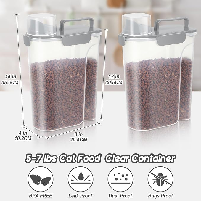 LEAWALK 5Lbs Airtight Cat Dog Food Storage Container With Upgraded Large Nozzle, BPA-Free Pet Food Storage Containers For Rice, Grain, Pet Food, Flour Dog Treat Storage-2Pack Grey