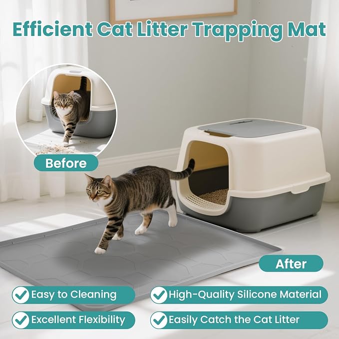 Cat Litter Box Mat, Large Silicone Cat Litter Mat, 34" X 22" Waterproof Pet Mat, Durable & Easy Clean (light gray)