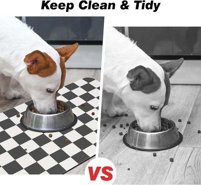 CooRug Checkered Dog Food Mat, Pet Feeding Mat 24" L x 16" W, Black | Absorbent, Leak-Proof, Anti-slip, Quick Dry, Eco-friendly Materials, Easy to clean and store, For Messy Drinkers