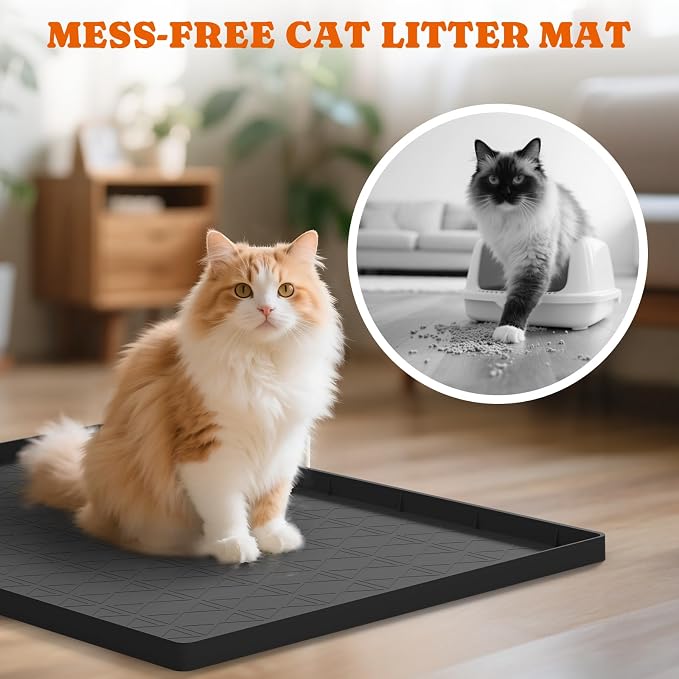 Pawtners Silicone Cat Litter Mat 34 x 22 in, Easy to Clean, Black, 2 Pack | Non-Slip Kitty Litter Mat for Floor, Waterproof & Urine-Proof Cat Litter Mat Litter Trapping Mat, Soft on Kitty Paws