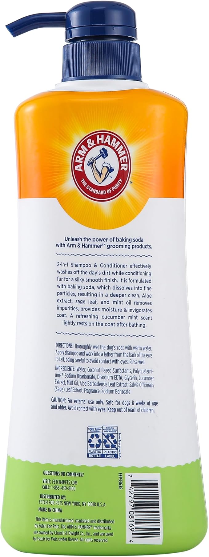 Arm & Hammer 2-in-1 Dog Shampoo & Conditioner, Cucumber Mint, 24 Fl Oz | Baking soda odor eliminating formula, pump dispenser included, value size, for daily grooming routine