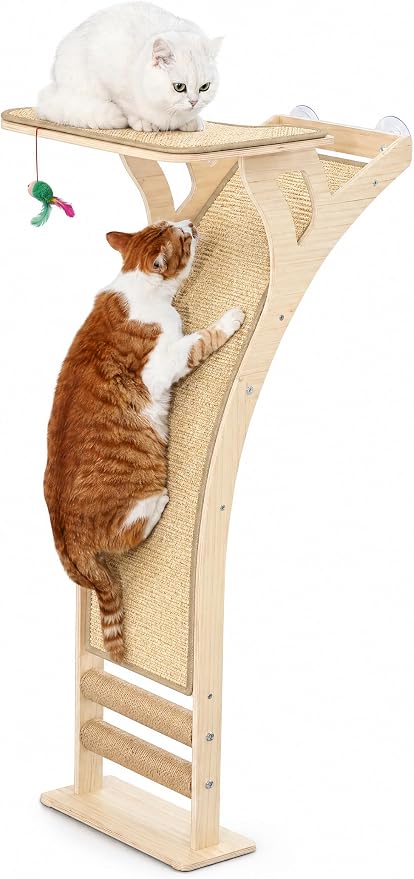 Cat Window Perch with Scratcher Ramp, 48-Inch Tall Wooden Climbing Tree | Fits Windows 13 Inches Wide or More;Heavy-Duty Suction Cups; Drill-Free; Sisal Scratching Mat; Holds Up to 45 lbs
