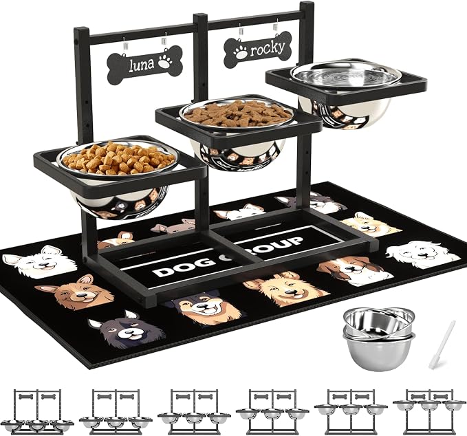 SHAINFUN Elevated Dog Bowls for Medium/Large Dogs with Mat, 6 Height Adjustable Raised Dog Bowls, Three Large 58oz Food Water Stainless Steel Bowls