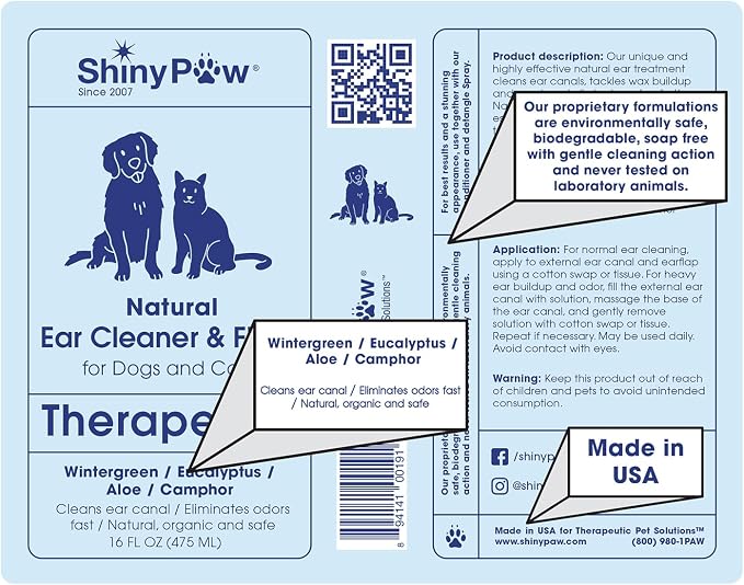 Dog Ear Cleaner Solution for Dogs & Cats 16 oz by Shiny Paw | Wintergreen, Camphor & Aloe – Gentle Ear Flush for Pets Health | Dog Ear Wash | Made in the USA