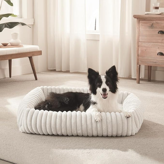 FURTIME Dog Bed Medium Size Dog, Washable Orthopedic Pet Bed with Removable Cover, Rectangle Soft Calming Sleeping Puppy Bed Durable Pet Cuddler with Anti-Slip Bottom, Cream, M Plus (30"x24"x8")
