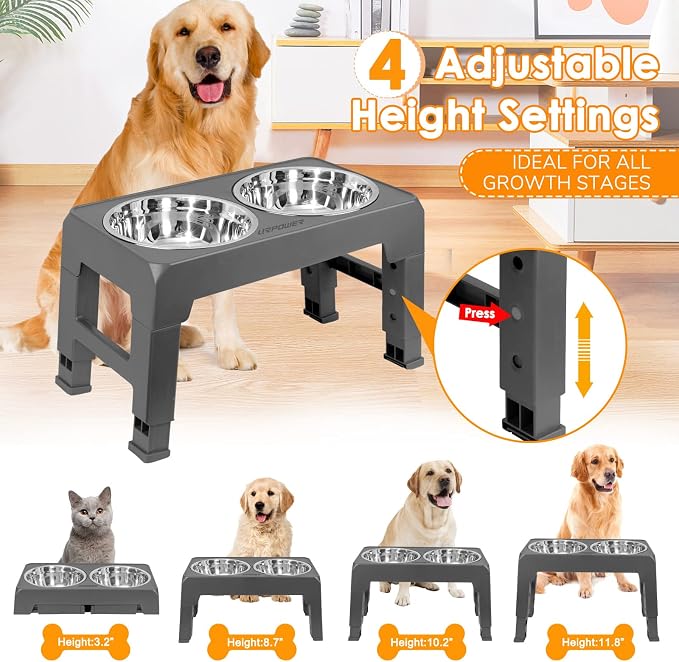 URPOWER Raised Dog Bowls 4 Height Adjustable Elevated Bowl Stand | Stainless Steel Water Bowl Non-Slip Dog Food Bowls Stand for Small Medium Large Dogs and Pets