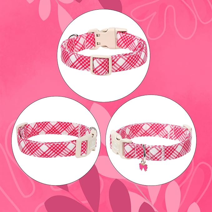 Girl Dog Collar, Bright Pink Glen Check Dog Collars for Giant Large Dogs - Cute Spring Summer Plaid Pup Collar, Soft Adjustable Female Dog Collars with Quick Release Buckle XL