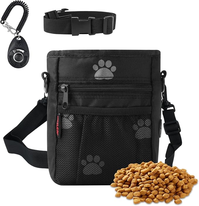 Dog Treat Pouch, Magnetic Closure, Dog Clicker- Black Pattern | Dog Training Treat Pouch, Large Size, Nylon Material, Magnetic Closure & Clicker, for Walking, Obedience & Outdoor Use