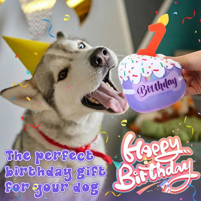 Dansydaisy Dog Birthday Cake Toy Squeaky Plush Toy for Girl Boy Gifts, Chew Accessories for Dog Birthday Party Decor Favor for Large, Medium and Small Dogs(1st,Purple)