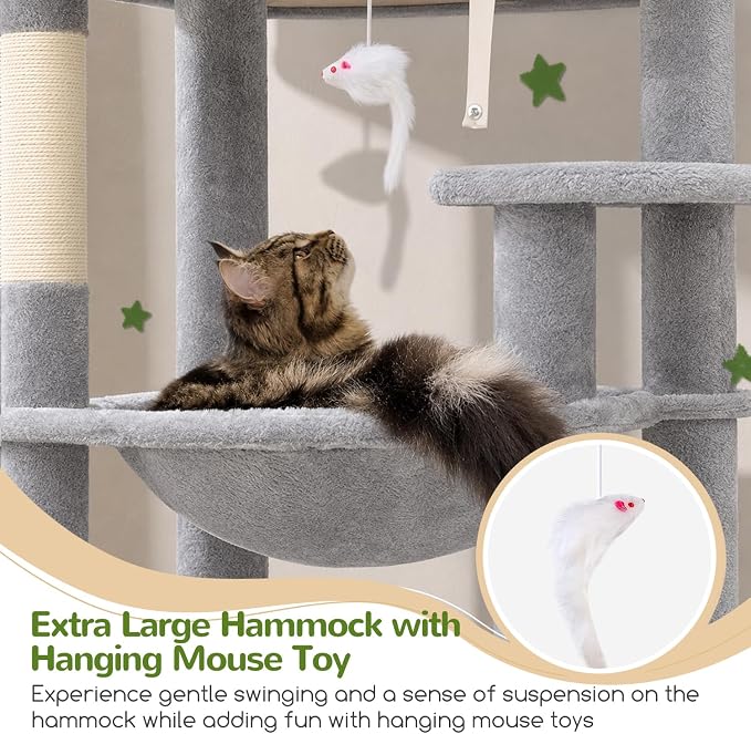 Globlazer Heavy Duty Cat Tree, 70 inch Sturdy Cat Tree for Indoor Cats Extra Large Cat Tower with Scratching Post, Hammock, Cat Condo for Adult Cats Kittens, F70 Pro, Light Grey