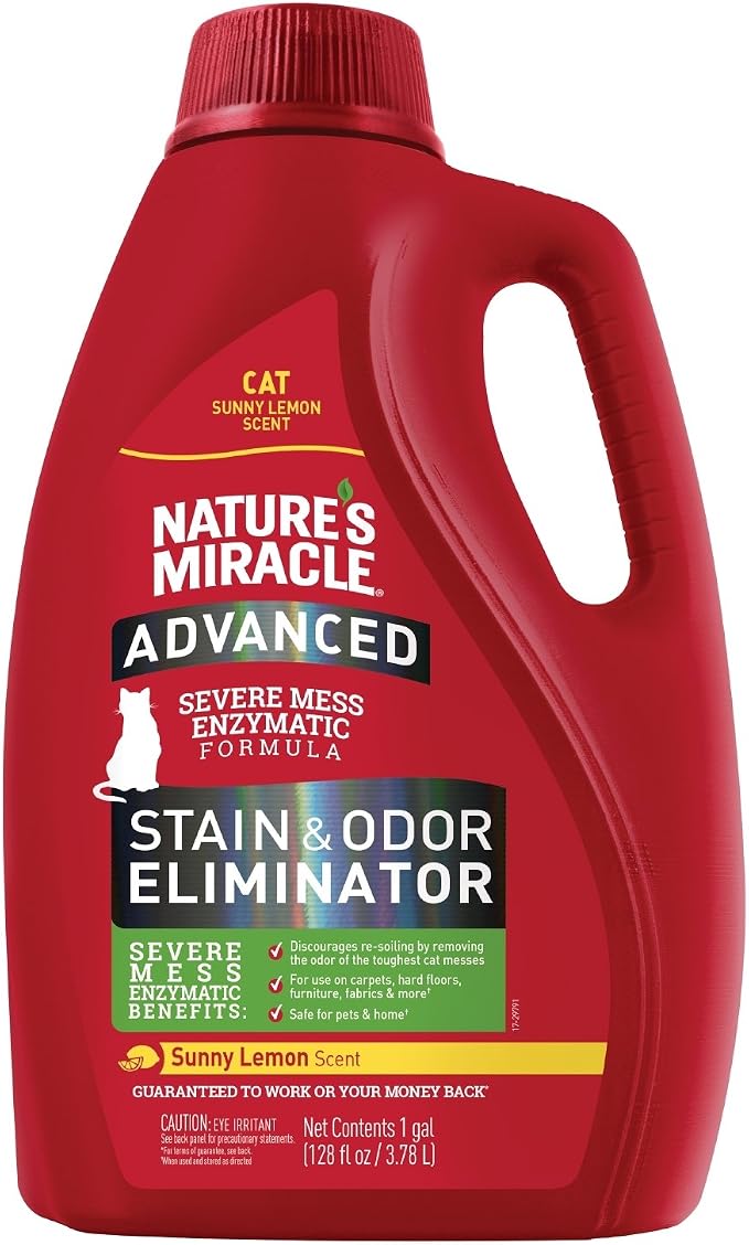 Nature’s Miracle Advanced Cat Stain & Odor Eliminator, Severe Mess, 1 gal | Enzymatic Cleaner Eliminates the Toughest Cat Messes, For Use on Multiple Surfaces, Safe For Pets and Home*, Sunny Lemon