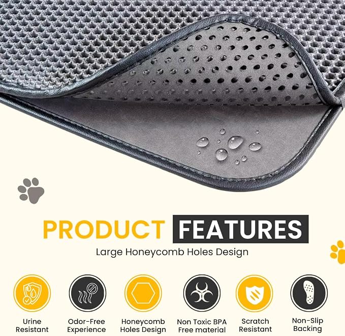 Andalus Brands Large Cat Litter Mat - Waterproof & Urine-Proof Litter Box Mat, Non-Slip Kitty Litter Mats for Floor, Easy to Clean Litter Trapping Design (30" x 24", Black)