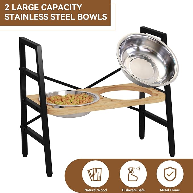 PUPETPO Elevated Dog Bowls, Adjustable Raised Dog Bowl Stand 4.1" to 11.6" | Black Metal Frame and Solid Wood Stand, Non-Slip Feet, 2 Stainless Steel Bowls 1.6L for Small to Medium Dogs, Cats and Pets