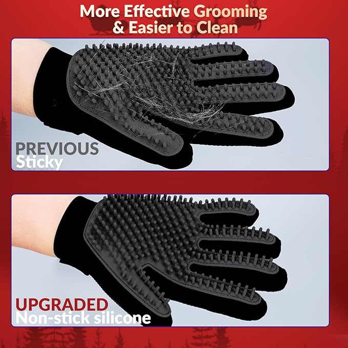Pet Hair Removal Glove with 255 Silicone Tips for Dogs & Cats, 1 Pair Black | 2-in-1 Deshedding & Massage Mitt, 5-Finger Flexible Design, for Bathing & Grooming, Safe for Long/Short/Curly Hair Pets