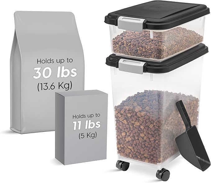 IRIS USA 30 lb + 11 lb Airtight Pet Food Storage Containers with Wheels | Stackable Pet Food Plastic Storage Bins with Wheels for Cat and Dog Food, Made in USA