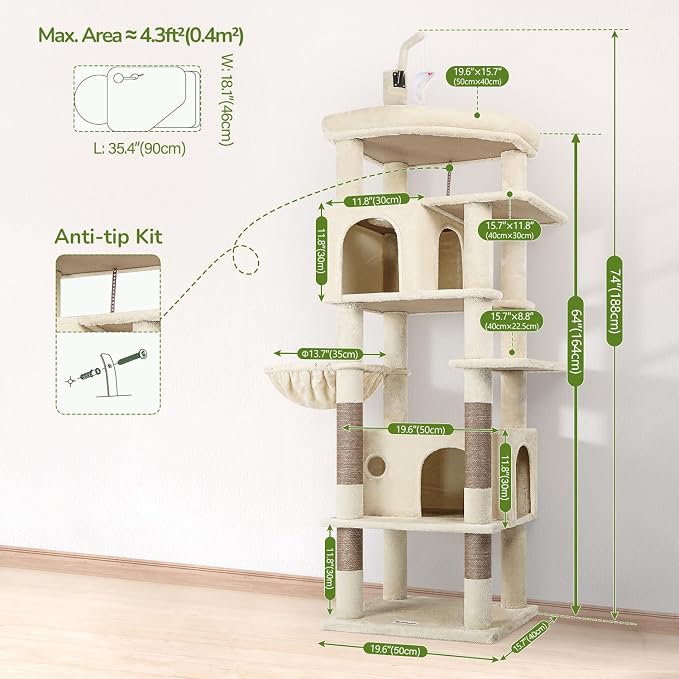 Globlazer F74B Cat Tree for Indoor Cats Large Adult, Multi-Cat, Beige | Easy Setup, 74in Tall Tower, Oversized Top Perch, 2 Large Condos, Hanging Basket, 5 Sisal Scratching Posts, Anti-Topple Strap