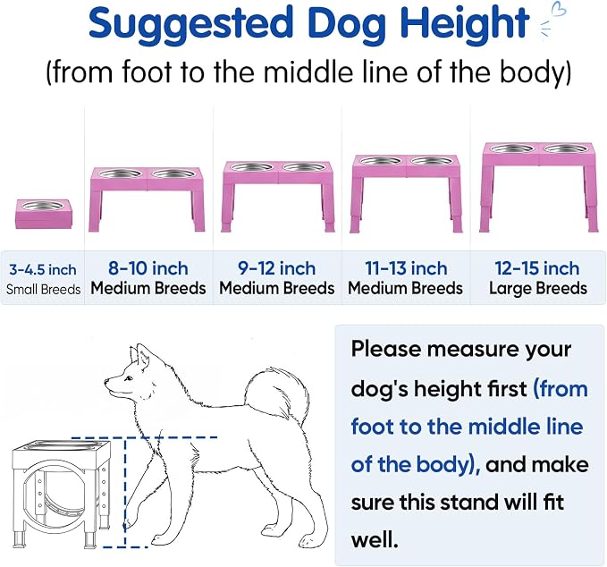 XIAZ Elevated Dog Bowls Large Breed Raised Dogs Bowl Stand Large/Medium Sized Dog Stainless Steel Food Water Bowl Stands 5 Heights Adjustable 9/11/12/14in Pet Feeder Dish Station