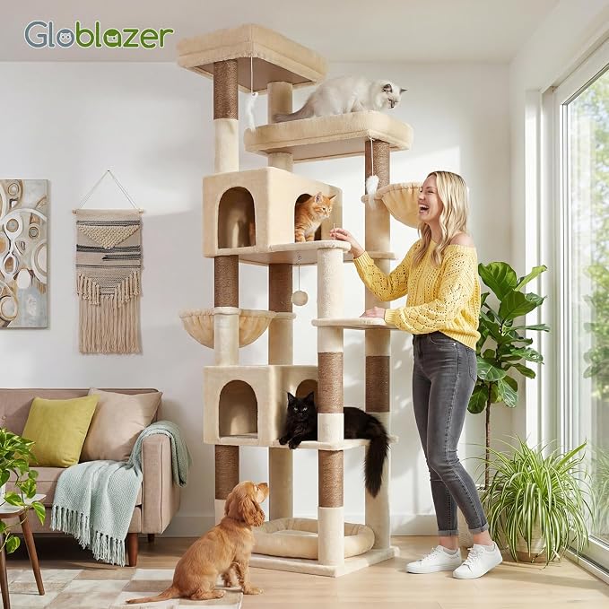 Globlazer Sturdy Extra Large Cat Tower for Indoor Cats, S81C, Beige | 81 inch Heavy Duty Cat Tree for Indoor Large Adult with 8 Scratching Post, 2 Cat Condos, 2 Platform