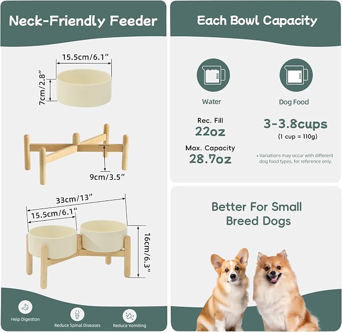 Havniva 6.1inch Ceramic Raised Dog Bowl with Stand, Double Dog Bowls Elevated for Small and Medium Breed Dog Food and Water Bowl Set Non-Slip Dog Dish Large Capacity Feeding Pet Water Bowl