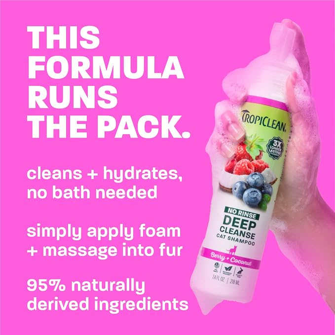 TropiClean Berry & Coconut Waterless Cat Shampoo | Deep Cleansing Dry Shampoo for Cats | Natural Cat Shampoo Derived from Natural Ingredients | Made in the USA | 7.4 oz.