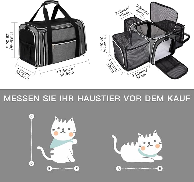 BAGLHER Expandable Cat Carrier with Travel Litter Box, Pet Travel 5 Sides Open Doors 3 Sides, Leak-Proof and Collapsible, for Car, Airplane Trip, Grey