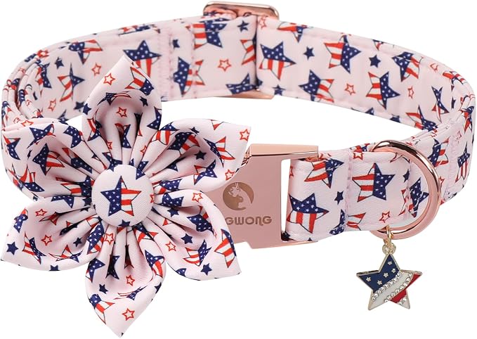 4th of July Independence Day Dog Collars with Flower, Pink Blue American Flag Star Dog Collar, DOGWONG Pink Girl American Flag Dog Collars for Small Dogs,S