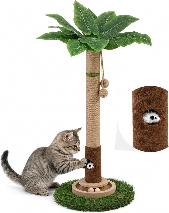35" Tall Cat Scratching Post, Sisal Cat Scratcher Tree with Leaves,Interactive Cat Toys for Inddor Cats and Kitten