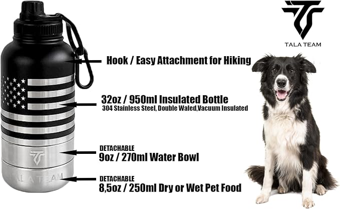 Insulated Dog Water Bottle Portable (32oz) - Dog Travel Water Bottle with a Hook for Hiking & 2 Bowls Attached. Pet Travel Accessories, Puppy Essentials, Portable Pet Dispenser.