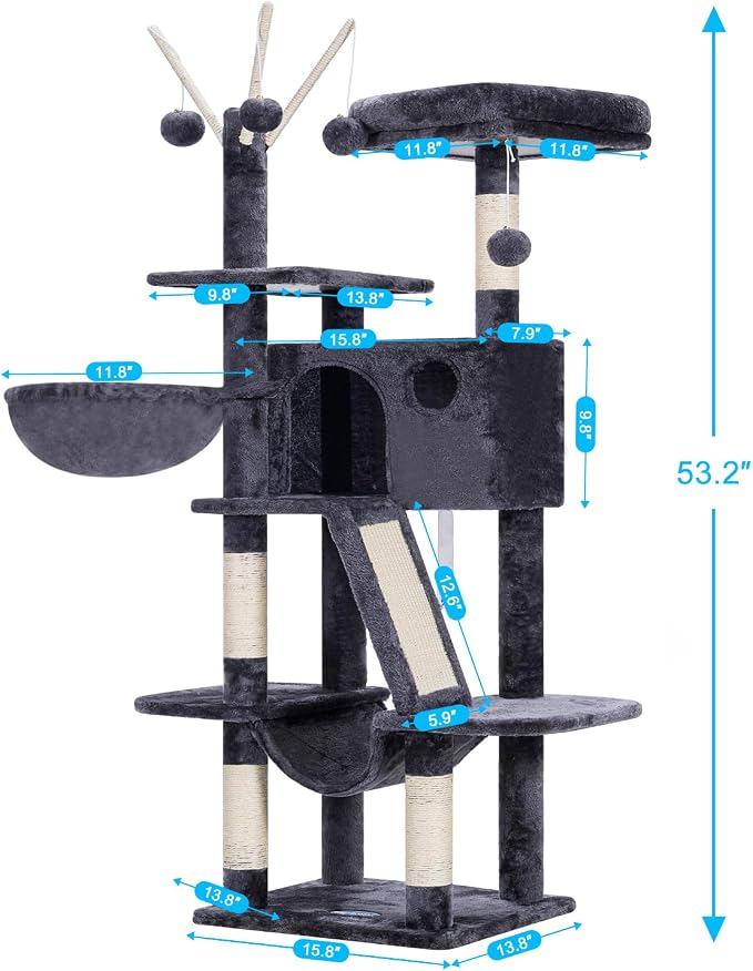 Hey-brother Cat Tree Tower with Padded Platform Bed, Hammock, MPJ019-SG | 53 Inches Cat House with Large Cozy Condo, Toy Balls and Sisal Scratching Posts for Indoor Multi-Cats, Smoky Gray