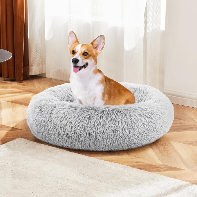 DUMOS Donut Dog Beds for Large Dogs, Machine Washable Cuddler Warming Cozy Fluffy Faux Fur Plush Round Pet Bed, Anti-Slip Bed for Indoor Dogs and Cats, 30.7x30.7 Inch, Grey