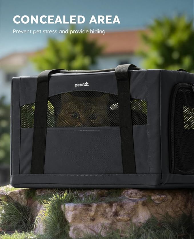 Pecute Cat Carrier Stable, Pet Carrier with Hidden Anxiety Relief Partition & Stable Steel Frame, Safe Cat Carrier for Car Travel, Soft-Sided Dog/Cat Carrier Bag for Pets Up to 11lbs, Dark Gray
