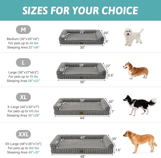 COZY KISS Ultra Soft Faux Rabbit Fur Dog Bed for Large Dogs – 44"x32" Orthopedic Foam Couch, Removable Washable Cover & Waterproof Lining, Grey