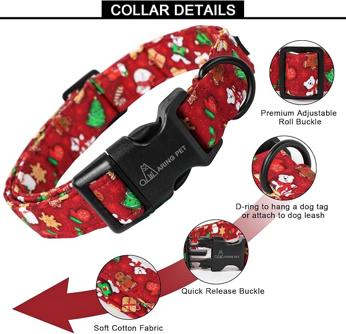 ARING PET Christmas Dog Collar, Cute Red Santa Claus Adjustable Cotton Pet Collars for Puppy Small Medium Large Boy and Girl Dogs-M