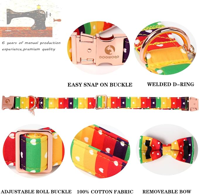 DOGWONG Rainbow Dog Collar with Bow Tie for LGBT Pride Month - Adjustable and Comfortable LGBT Pride Dog Collar for Large Medium Small Pet