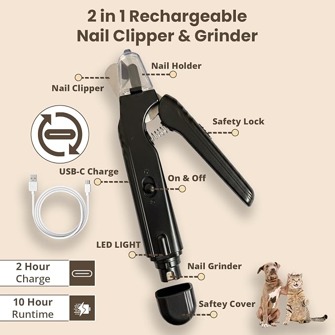 2-in-1 Dog & Cat Nail Clipper and Grinder with Light - USB Rechargeable Pet Nail Trimmer with Safety Guard for Thick Nails, Quiet Professional Grooming Tool
