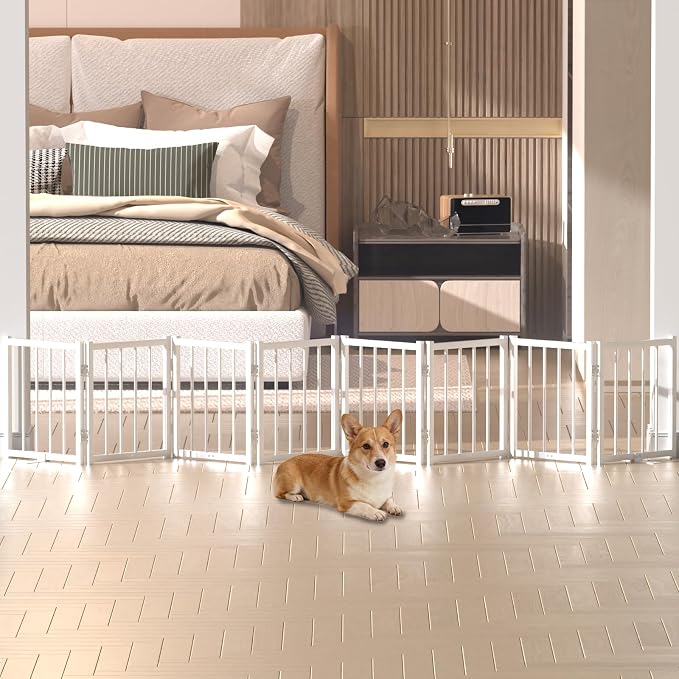 Snuowu 16" Freestanding Short Dog Gate for Small Dogs – Foldable & Retractable, Expands Up to 96" Wide, 8-Panel Pet Barrier for Doorways, Stairs & Hallways (White)