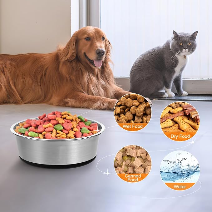 Stainless Steel Dog Bowls Set of 2, Extra Thick Metal Bowls, with Non-Slip Rubber Base Dog Bowl, BPA Free, Holds 8 Cups(59 fl oz), for Small Dogs, Black