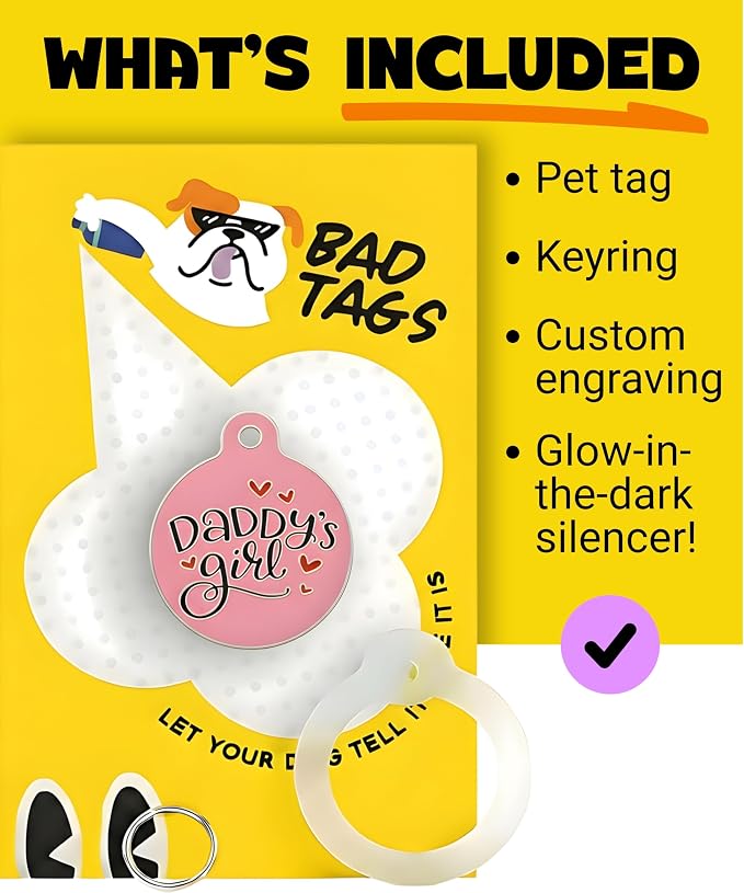 Bad Tags Personalized Dog and Cat ID Tags in 25+ Designs and 2 Sizes - 5 Lines of Custom Engraved Text - Funny Cute Personalized Pet Tags (Daddy's Girl, Small (1 inch))