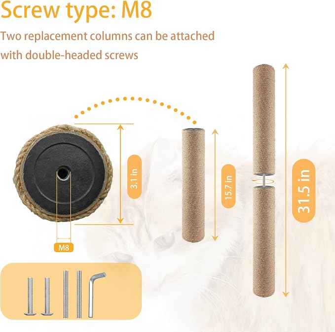 2 Pcs Cat Scratching Post Replacement for Indoor 15.7 x 3.1 Inches Cats Tree Replacement Parts Natural Sisal Cat Scratch Posts Refill Pole Part with M8 Screws Spare Cat Furniture Accessories