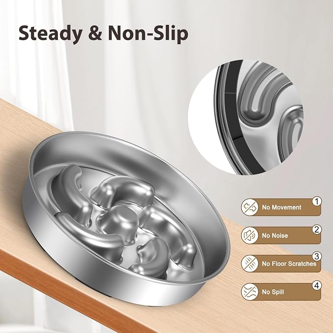 Slow Feeder Dog Bowl, 2 Cups Stainless Steel Heavy Duty with Non-Slip Base 8.7 inch Puzzle Maze Dog Food Bowls for Medium, Large Breed Size Dogs to Slow Down Eating