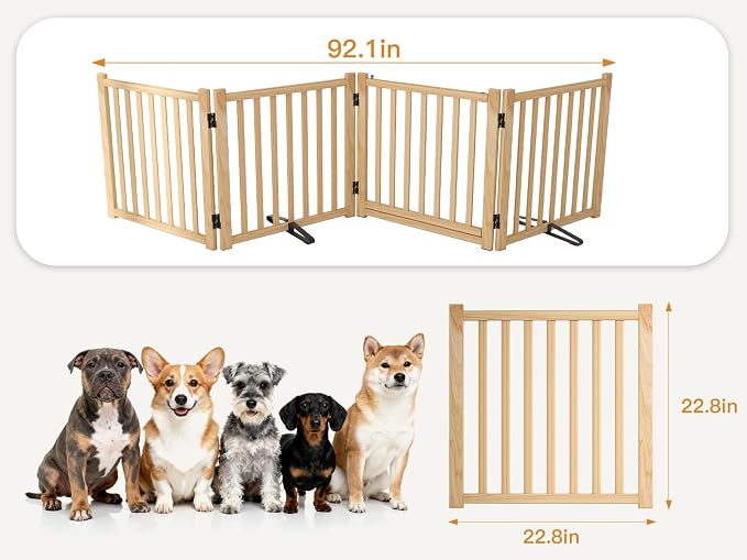 YOCAN Non-Painted Wooden Freestanding Dog Gates with Door for The House,Doorways, Stairs,Wood Dog Fences Indoor Pet Gate,Step Over Fence-4 Panel H:23"