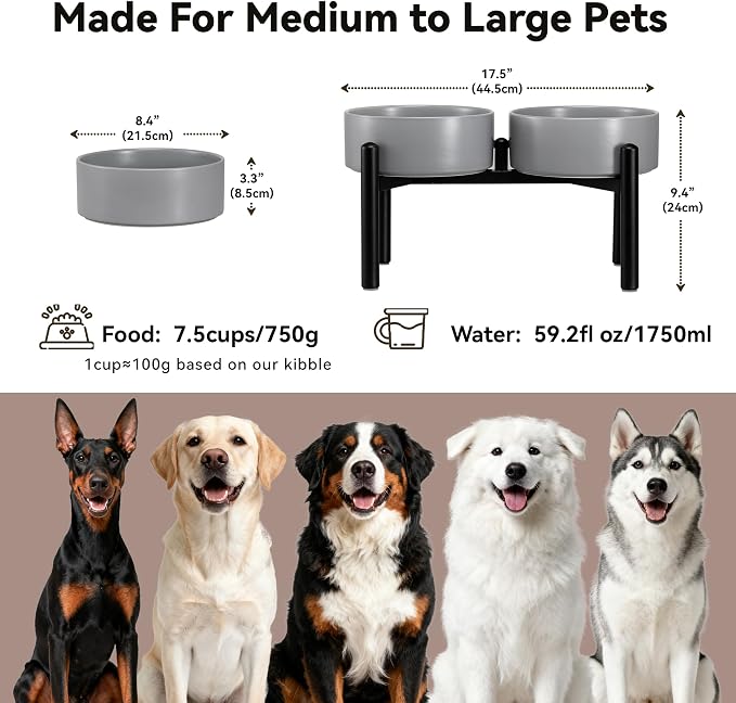Dog Bowls Elevated - Ceramic Raised Dog Bowl with Non Slip Steel Stainless Stand - No Spill and Heated Feeding Station - Food and Water Dish Set for Medium to Large Pet - Each Holds 7.5 Cups – Grey