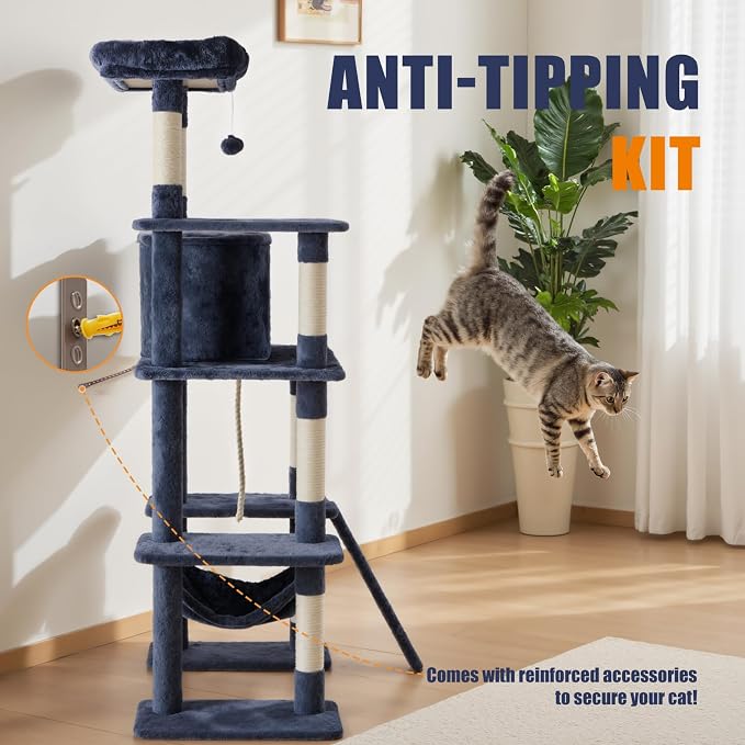 DUMOS Large 63in Cat Tree Tower with Scratching Posts, Indoor Cats Use | Multi Level Cat Climbing Tower with Condo, Extended Platform, Hammock, Pet House for Kittens Play, Dark Grey