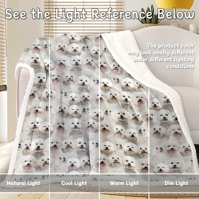 BlessLiving Bichon Frise Blanket 108x90 Inches - Ultra Soft Reversible Sherpa & Fleece Throw, Large Plush Cozy Blanket for Couch Bed Sofa, Gift for Dog Lovers Women Men